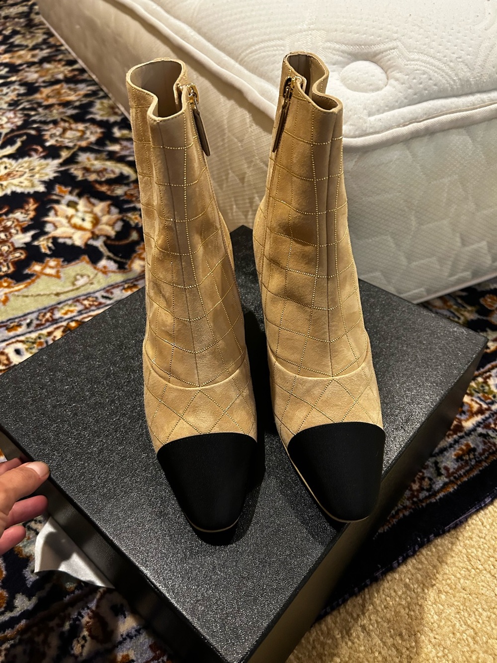 Brand New in a box CHANEL Beige Quilted Ankle Boots with Black Cap Toe Size 7.5M